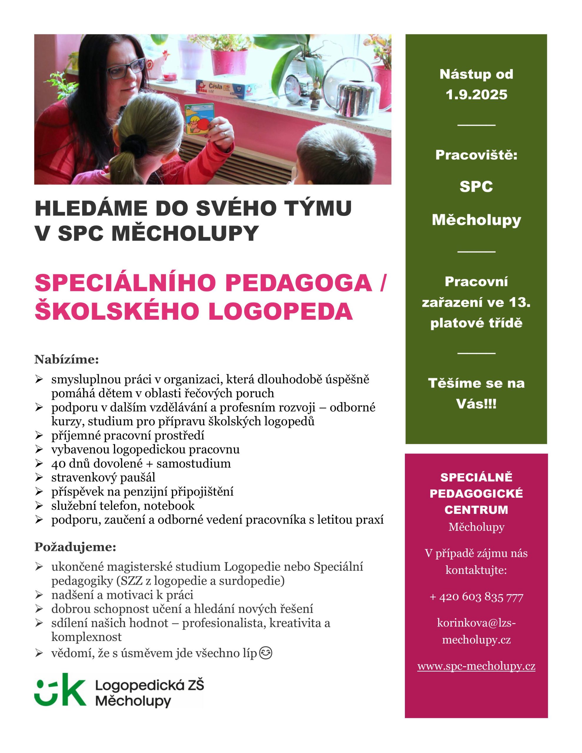Nabídka pracovního místa - školský logoped Měcholupy 2025